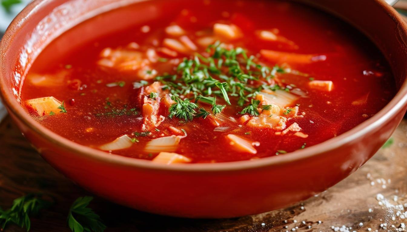 a special closeup of a perfectly and recently cooked borsch soup