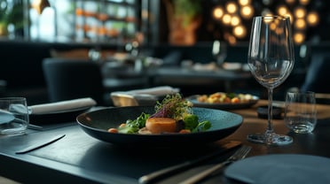 Stylish menu design on a modern restaurant table, with electric blue and vibrant green accents. Comfortable restaurant environment with tablet showing technology integration.