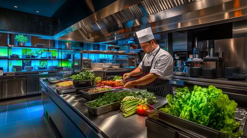 In a modern restaurant kitchen, the chef analyzes the menu surrounded by fresh ingredients. High-tech kitchen environment accented with vibrant green and electric blue lights.