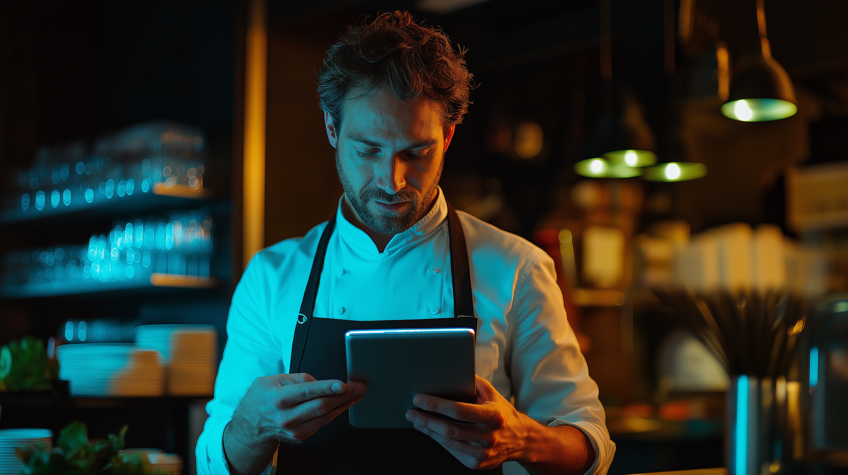 Tablet kullanarak menü güncellemesi yapan bir restoran yöneticisi. Elektrik mavisi ekran ışığı ve koyu kömür duvarlarla çevrili, teknoloji entegrasyonunu vurgulayan modern bir ortam.