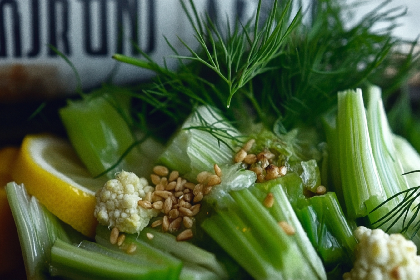 Yakın planda Cibes Salatası; zeytinyağında hafifçe buğulanmış koyu yeşil yabani otlar, limon kabuğu rendesi ve dereotuyla süslenmiş. Yaprakların taze dokusu net bir şekilde görülüyor, üstünde birkaç susam tanesi var. Doğal ışıkta rustik bir tabakta servis edilmiş.