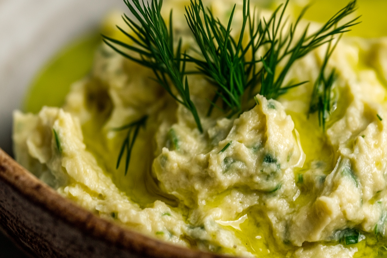 Yakın planda Fava; haşlanmış bakladan yapılan, pürüzsüz ve kremsi yapıya sahip geleneksel bir Ege mezesi. Soluk sarı renkteki bakla püresinin üzerinde ince kıyılmış dereotu ve hafif bir zeytinyağı dokunuşu var. Rustik bir kasede, doğal ışıkta sunulmuş.