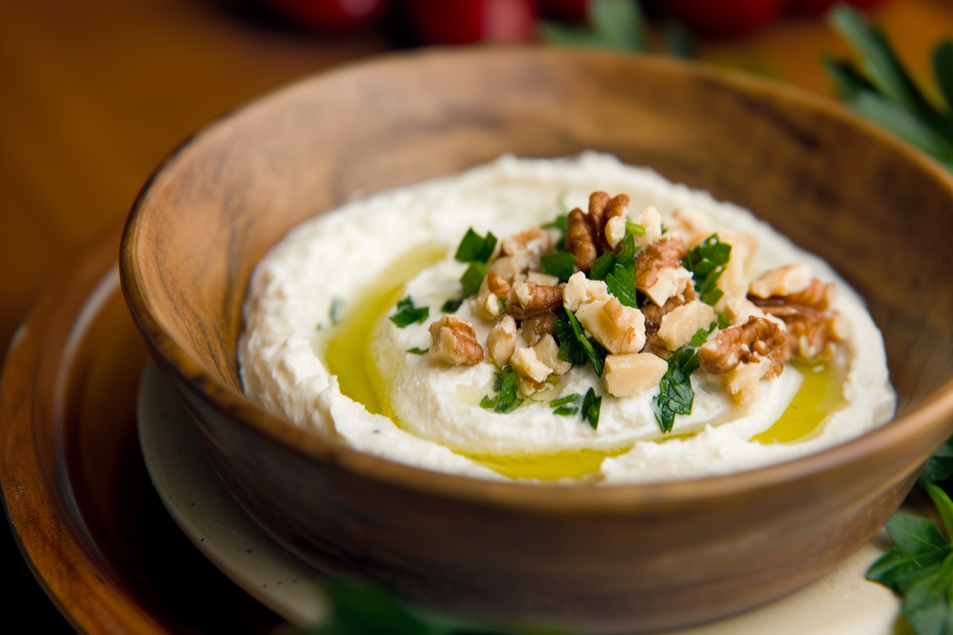 Yakın planda Girit Ezmesi; beyaz peynir, ceviz ve ince kıyılmış yeşillikler (maydanoz ve dereotu) ile hazırlanmış kremsi bir Ege mezesi. Üzerinde hafif bir zeytinyağı gezdirilmiş ve ceviz parçaları görünür halde. Sıcak doğal ışık altında rustik bir kasede sunulmuş.