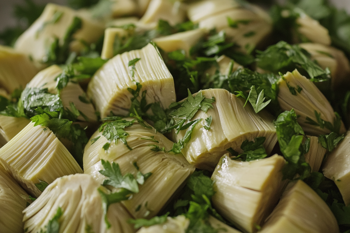 Yakın planda enginar kalbi salatası; zeytinyağı, taze otlar ve limonla hazırlanmış. Enginar kalpleri yumuşak, açık yeşil renkte, ince kıyılmış maydanoz ve dereotu ile karıştırılmış. Sade bir tabakta doğal ışıkla sunulmuş.