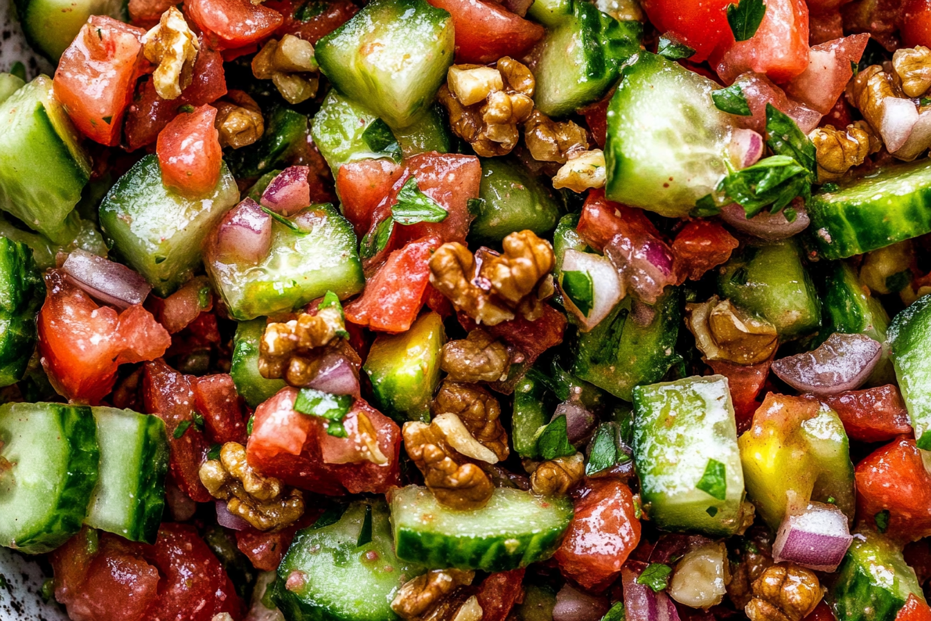 Yakın planda Gavurdağı Salatası; domates, salatalık, soğan, taze maydanoz ve ceviz parçalarıyla yapılan, nar ekşisi sosuyla süslenmiş bir Türk-Rum salatası. Salata canlı renkleri, kıtır ceviz parçaları ve nar ekşisinden gelen hafif parlaklık ile öne çıkıyor. Rustik bir kasede, doğal ışıkla sunulmuş.