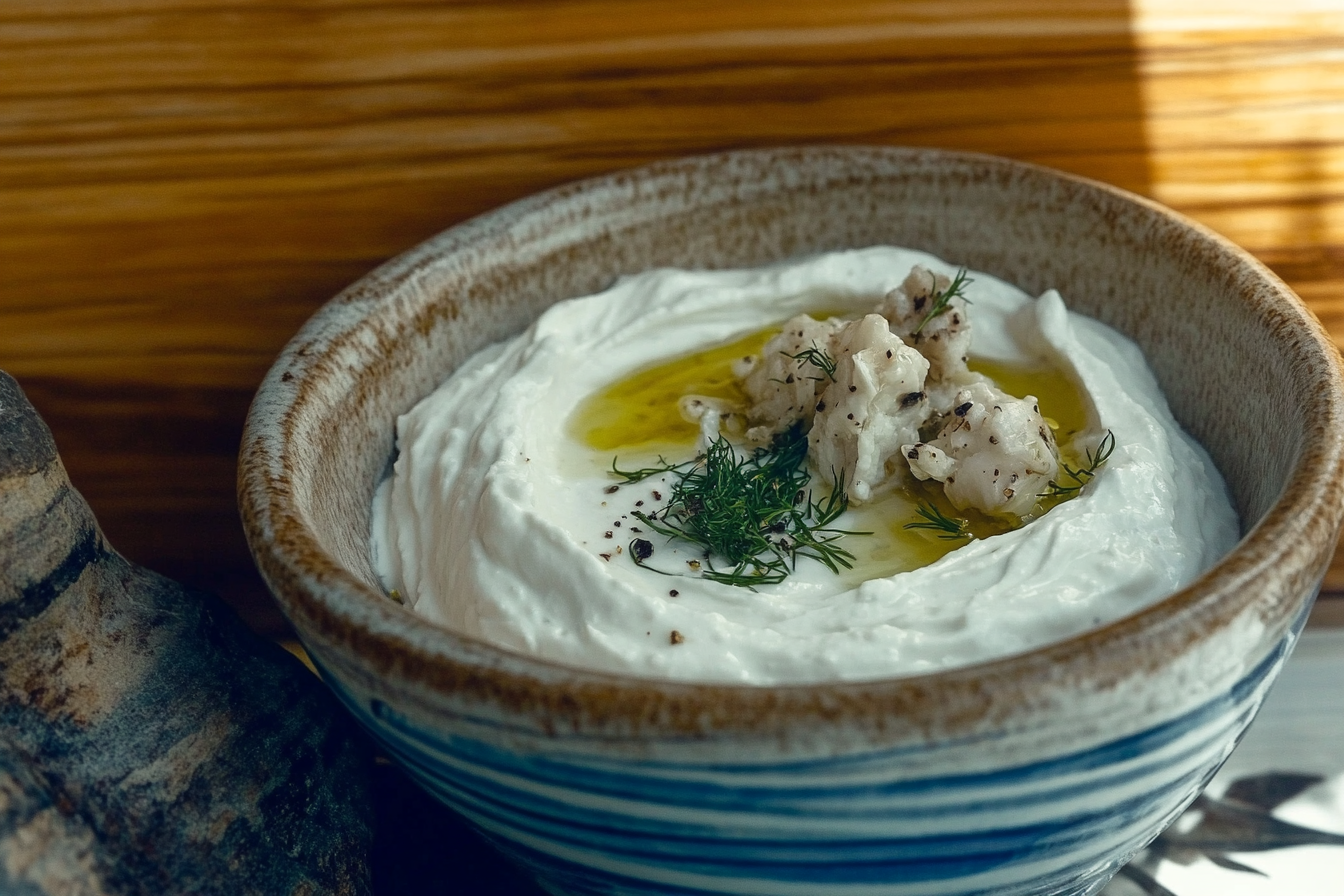 Yakın planda Haydari; yoğurt, sarımsak ve dereotu ile yapılan, yoğun kıvamlı, beyaz renkte bir Türk-Rum mezesi. Üzerinde ince kıyılmış dereotu ve hafif bir zeytinyağı gezdirilmiş. Rustik bir kasede, doğal ışıkla sunulmuş.
