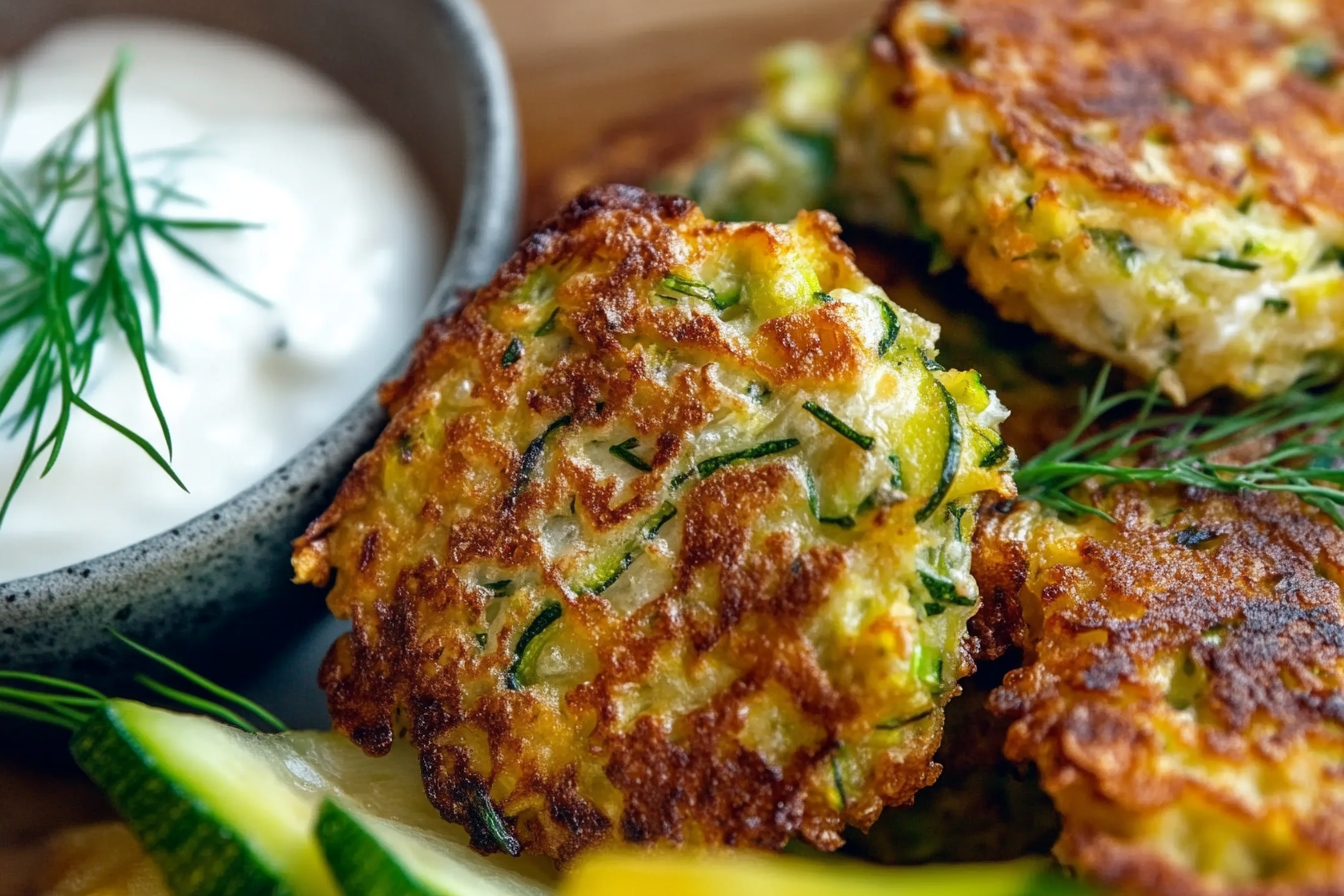 Yakın planda peynirli kabak mücver; peynir, kabak ve yeşilliklerle hazırlanan, dışı altın kahverenginde ve çıtır bir dokuya sahip meze. İçinde ince kıyılmış dereotu ve maydanoz parçaları görülebilir. Yanında yoğurt ile rustik bir tabakta, doğal ışıkla sunulmuş.