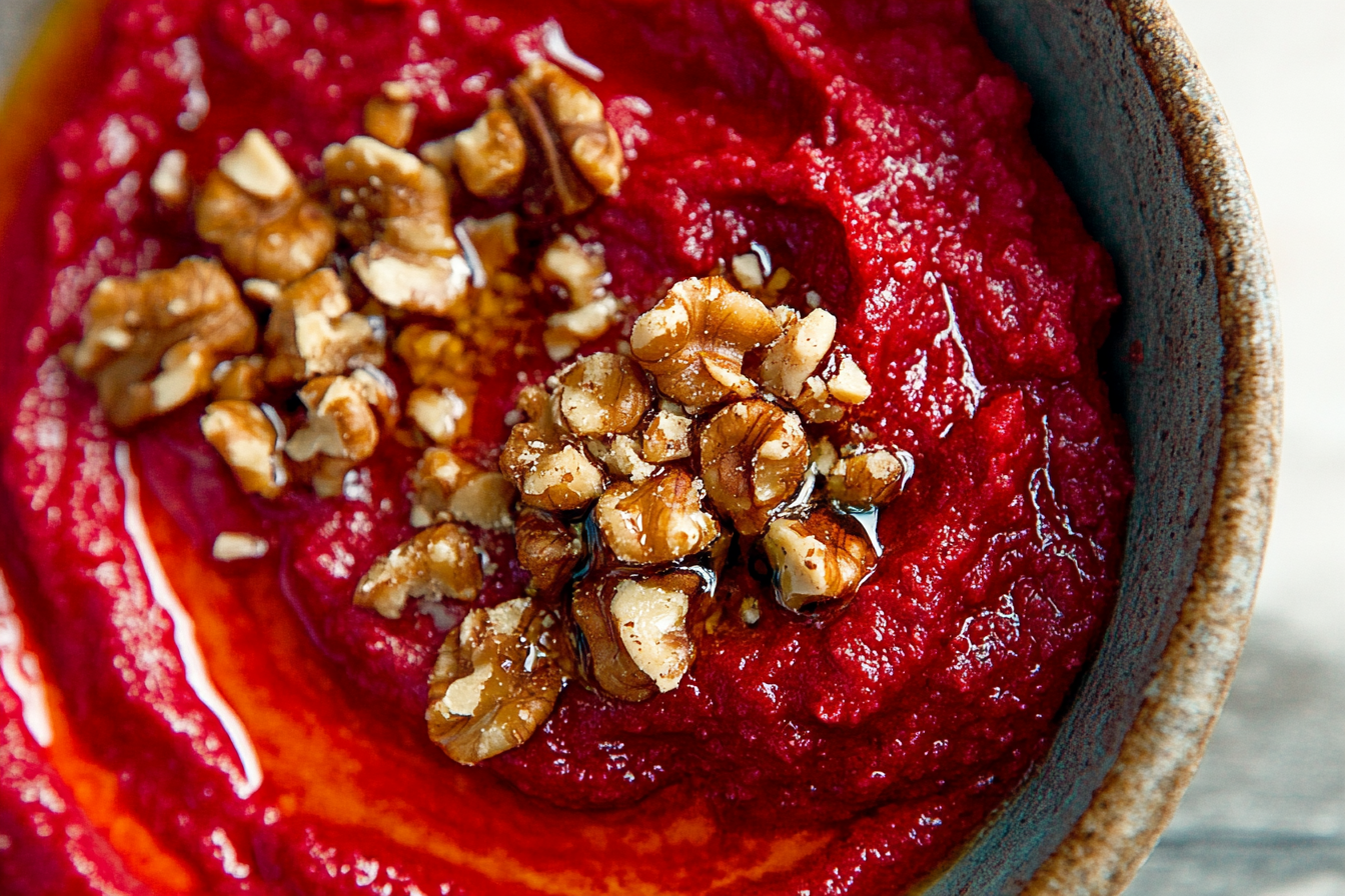 Yakın planda Muhammara; kırmızı biber, ceviz, sarımsak ve nar ekşisiyle yapılan canlı kırmızı renkte bir meze. İri taneli yapısıyla ceviz parçaları görülebilir, üzeri hafif zeytinyağı ve ezilmiş cevizle süslenmiş. Rustik bir kasede doğal ışıkla sunulmuş.