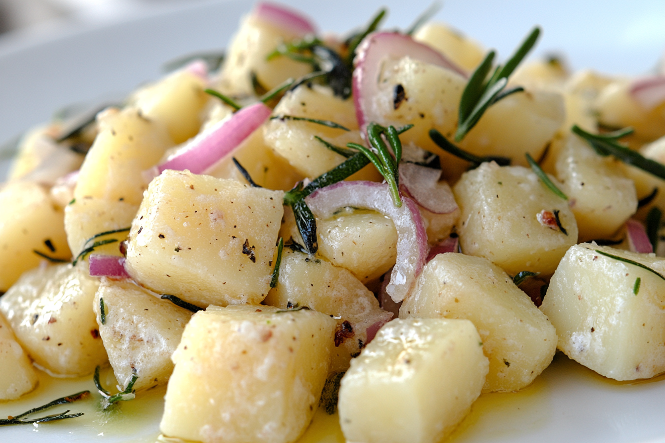 Yakın planda Akdeniz usulü patates salatası; haşlanmış patates küpleri, taze yeşillikler, soğan, zeytinyağı ve limonla hazırlanmış. Tabağın üzerindeki yeşil renkli maydanoz ve taze soğan parçaları, salataya canlılık katıyor. Sade bir tabakta, doğal ışıkla sunulmuş.