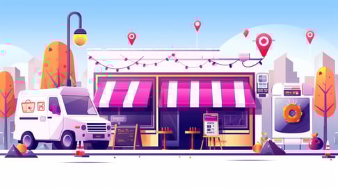 "Bir restoranın önünde park etmiş bir teslimat kamyoneti ile illüstrasyon. Restoran canlı renklere sahip ve çatısında teslimat izleme işaretçileri, verimli teslimat operasyonlarını simgeliyor."