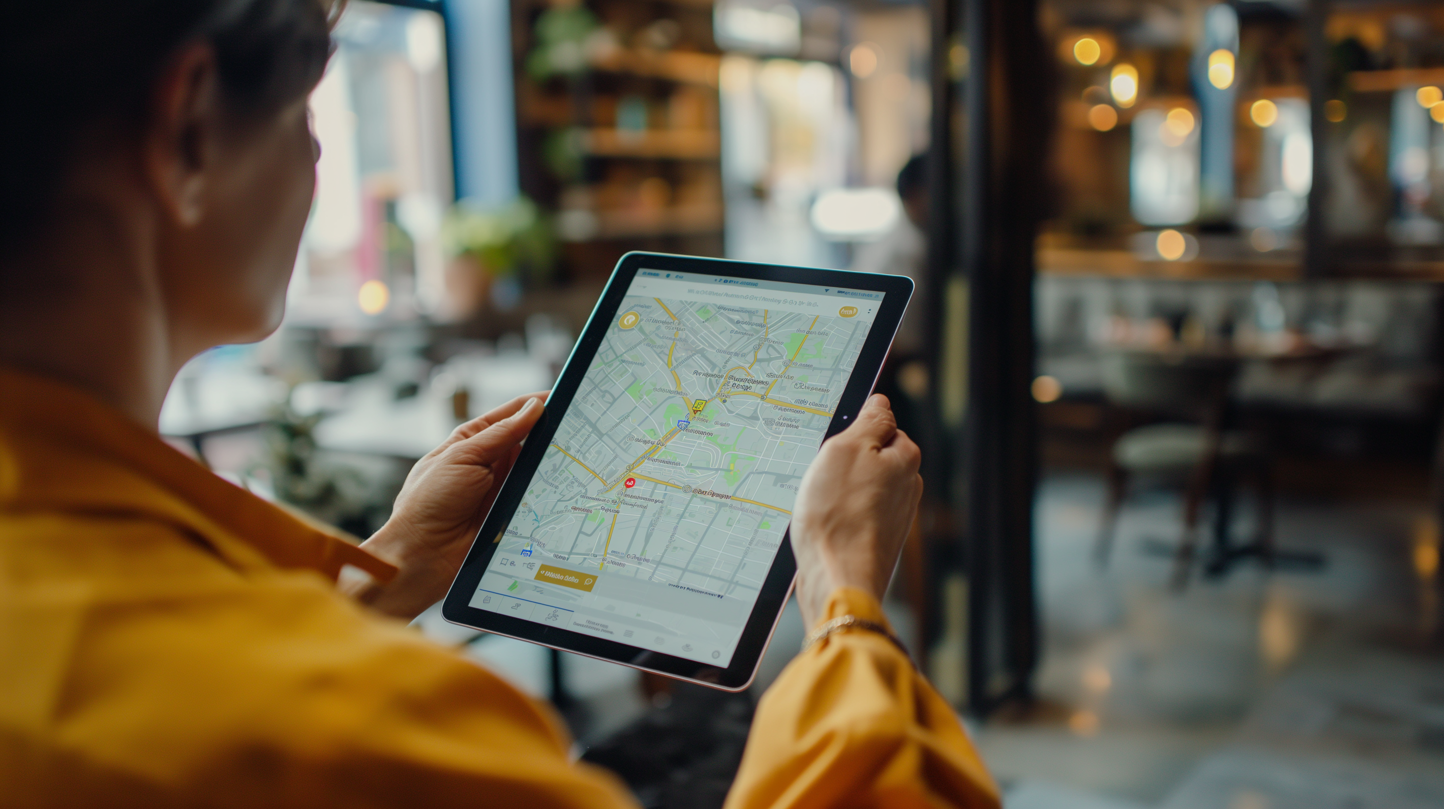 Restaurant manager using a tablet to monitor real-time delivery tracking on a map interface.