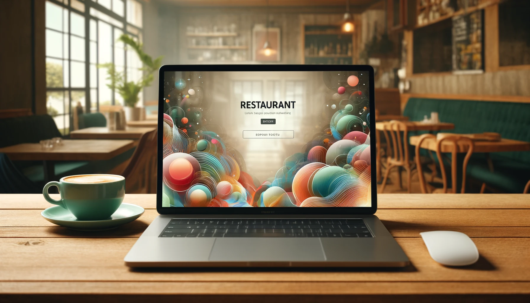 Laptop ekranında canlı ve renkli bir restoran web sitesi arayüzü gösteren resim, kafe ortamında bir masa üzerinde yer alırken, fincan kahve eşliğinde konuksever bir atmosfer sunuyor.