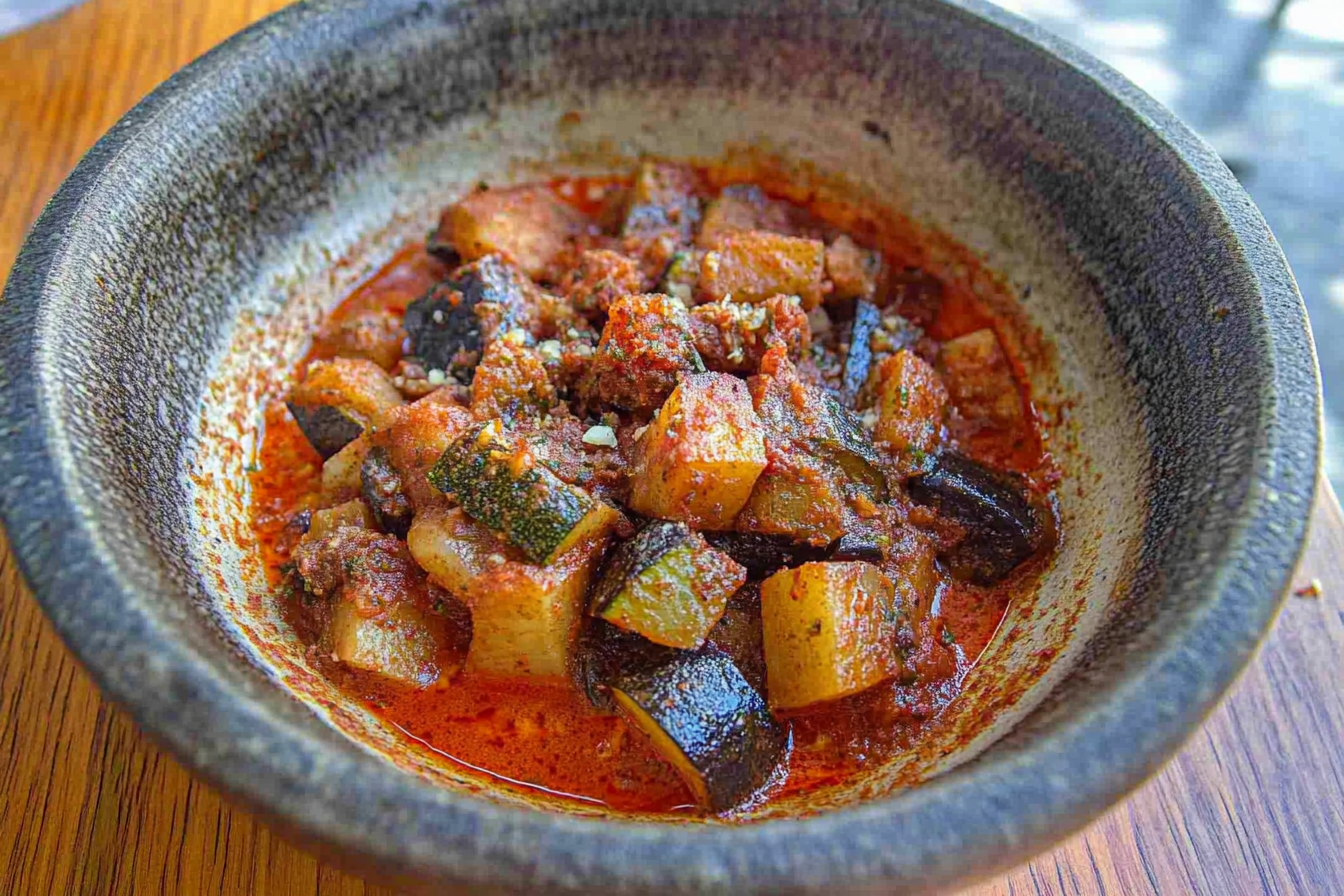 Yakın planda Şakşuka; kızartılmış patlıcan, kabak ve patateslerin üzerine dökülmüş, sarımsaklı ve hafif acılı domates sosu ile yapılan bir meze. Koyu kırmızı sos, sebzelerin üzerini kaplıyor, iri taneli ve doyurucu bir görünüm sergiliyor. Rustik bir kasede doğal ışıkla sunulmuş.