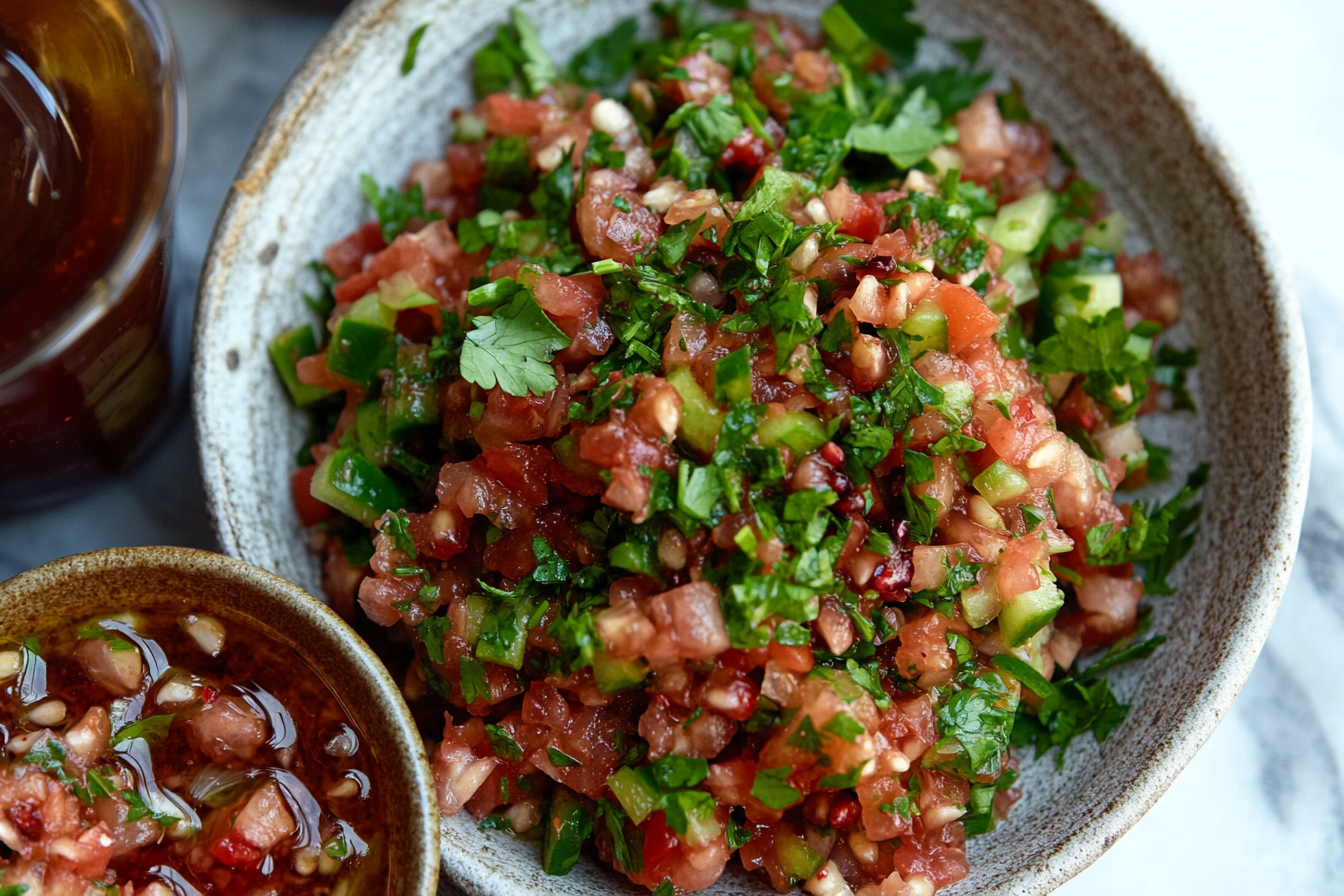 Yakın planda Acılı Ezme; ince kıyılmış domates, yeşil biber, soğan, maydanoz, pul biber ve nar ekşisiyle yapılan acılı bir salata. Canlı kırmızı renkte, sulu ve ince kıyılmış dokusuyla dikkat çekiyor. Üzerinde zeytinyağı gezdirilmiş ve maydanozla süslenmiş olarak rustik bir kasede sunulmuş.