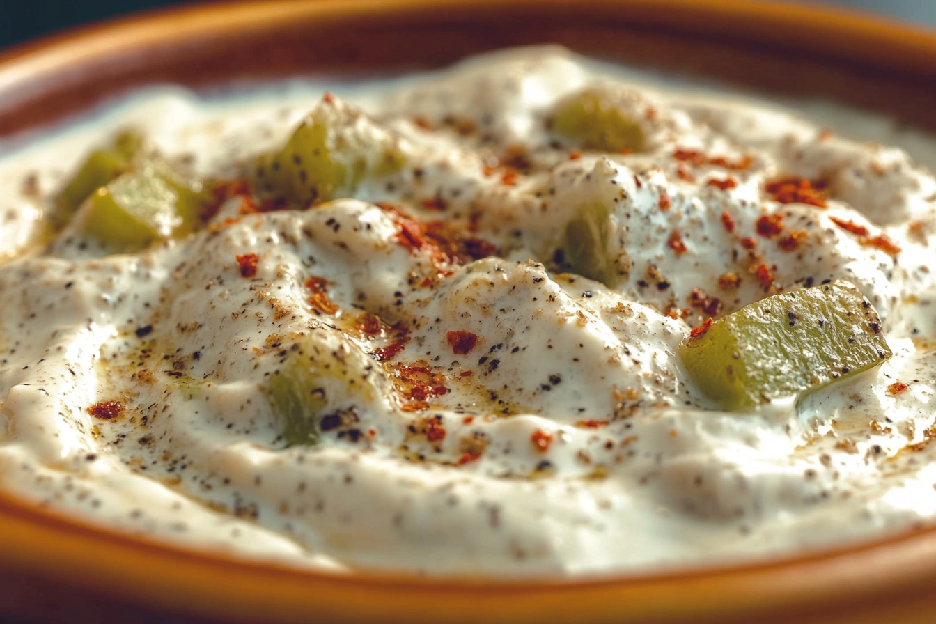 Yakın planda Biber Borani; közlenmiş yeşil biberler, yoğurt ve sarımsakla yapılan Güneydoğu Anadolu mezesi. Yoğurdun beyaz zemininde yumuşak yeşil biber parçaları, üzeri pul biber ve zeytinyağı ile süslenmiş. Rustik bir kasede doğal ışıkla sunulmuş.