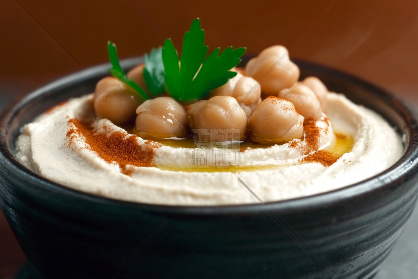 Yakın planda Humus; nohut, tahin, sarımsak ve limon suyuyla yapılan pürüzsüz kıvamlı bir meze. Açık kahverengi renkte, üzeri zeytinyağı, füme paprika, birkaç nohut tanesi ve maydanoz yapraklarıyla süslenmiş. Rustik bir kasede doğal ışıkla sunulmuş.