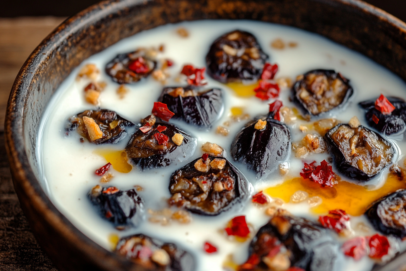 Yakın planda Yoğurtlu Patlıcan Ezmesi; közlenmiş patlıcan, yoğurt ve sarımsakla yapılan kremamsı bir meze. Beyaz yoğurt tabanında közlenmiş patlıcan parçaları, üzeri zeytinyağı ve pul biberle süslenmiş. Rustik bir kasede doğal ışıkla sunulmuş.